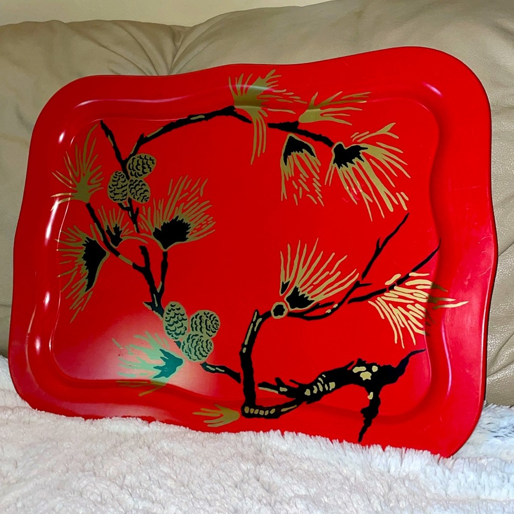 Vintage 1950’s Red Metal Decorative Tray with Floral Design - Picture 1 of 4